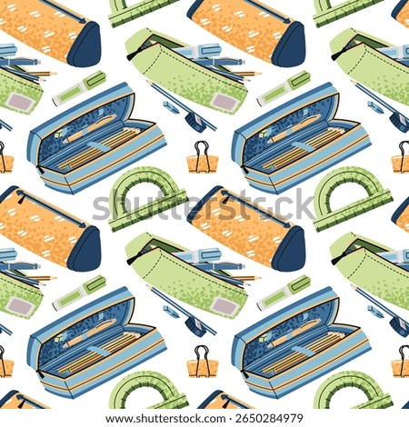 Seamless Pattern with Pencil Cases, Pens, Protractor and Markers. School and Office Supplies Design for Textile Printing, Wallpaper, Wrapping Paper and Stationery. Back to School Collections
