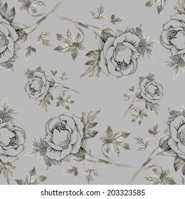 Seamless pattern pencil drawing roses on grey background vector 