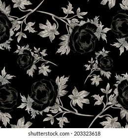 Seamless pattern pencil drawing roses on black background vector 