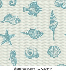 Seamless pattern with pencil drawings of seashells, starfish and seahorses on a backdrop with a blue wavy pattern. Vector background in retro style with beautiful hand-drawn shells of various shapes