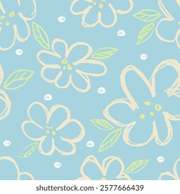 Seamless pattern with pencil drawn spring flowers. Modern floral print, great for textile, fabric, wallpaper, wrapping, scrapbook and packaging