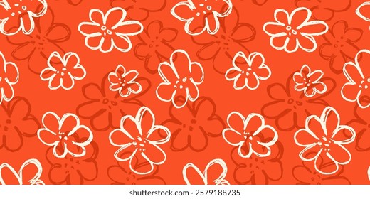 Seamless pattern with pencil drawn spring flowers on red. Modern floral print, great for textile, fabric, wallpaper, wrapping, scrapbook and packaging	