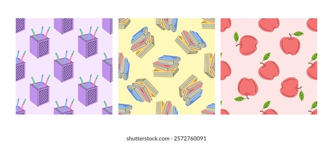 Seamless pattern with pencil holders, books and apples on pastel background


