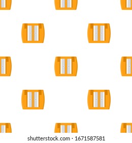 Seamless pattern with pencil orange sharpener on white background. Cartoon style. Vector illustration for design, web, wrapping paper, fabric.