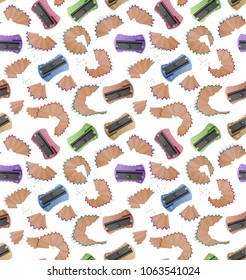 Seamless pattern with pencil shavings, realistic sharpener and a graphite isolated on white background, cover for your design. Vector illustration