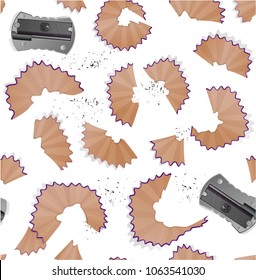 Seamless pattern with pencil shavings, realistic sharpener and a graphite isolated on white background, cover for your design. Vector illustration