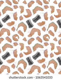 Seamless pattern with pencil shavings, realistic sharpener and a graphite isolated on white background, cover for your design. Vector illustration