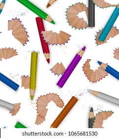 Seamless pattern with pencil shavings, realistic pencils of rainbow color isolated on white background, cover for your design. Vector illustration