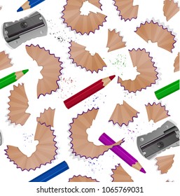 Seamless pattern with pencil shavings, realistic pencils of rainbow color isolated on white background, cover for your design. Vector illustration