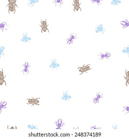seamless pattern with pencil sketches beetles and insects