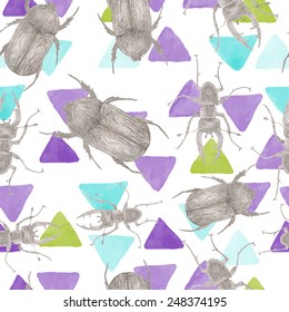 seamless pattern with pencil sketches beetles and insects