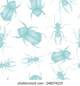 seamless pattern with pencil sketches beetles and insects