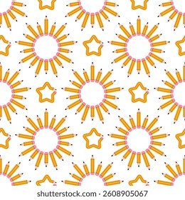 Seamless pattern of  pencils arranged in sun and  stars on white  background.