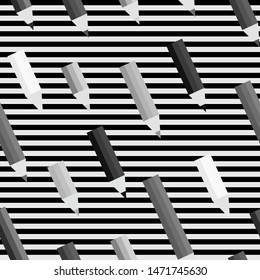 Seamless pattern with pencils and black and white  lines. Vector graphic illustration suitable for background.