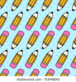 Seamless pattern with pencils and eraser on light blue polka dot background