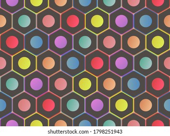 Seamless pattern with pencils in flat style. Gray hexagons with colored circles. Bright pattern on the educational theme. Stock vector illstration for web and print, wallpaper, backgounde, textile. 