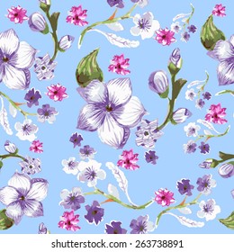seamless pattern with pencils flowers on a blue background