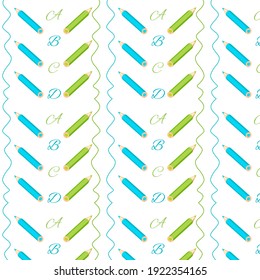 Nahtlose Muster von Stiften und Buchstaben auf weißem Hintergrund. Blaue und grüne Stifte, Buchstaben A, B, C. Muster für Textilien, Verpackung, Innenausstattung für Kinder. Vektorgrafik