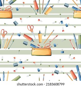 Seamless pattern with pencils, markers, scissors on a striped print. School seamless background. Suitable for paper, wallpaper, textiles, etc.