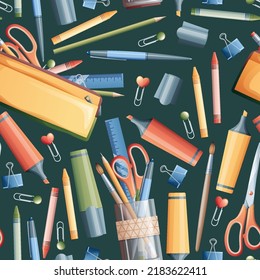 Seamless pattern with pencils, markers, scissors on a dark background. School seamless background. Suitable for paper, wallpaper, textiles, etc.