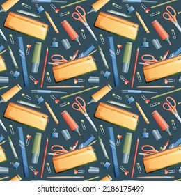 Seamless pattern with pencils, markers, scissors on a dark background. School seamless background. Suitable for paper, wallpaper, textiles, etc.