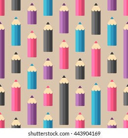 Seamless pattern with pencils on beige background. Back to school background for print, package design, wrapping, textile. Vector illustration.