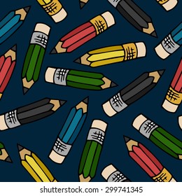 Seamless pattern with pencils on a blue background. Vector illustration