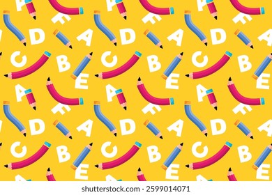 Seamless pattern with pencils on the isolated yellow background, autumn eve, back to school, cover, textile, fabric, packaging, clothing, wallpaper, vector