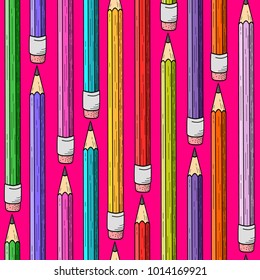 Seamless pattern with pencils on pink background.