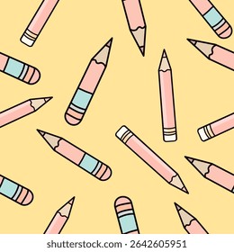 Seamless pattern of pencils on yellow background. Vector illustration