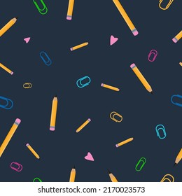 Seamless Pattern With Pencils And Paperclips. Trendy Pencil Pattern Flat Style Vector Illustration. Back To School Creative Background For Backdrop, Card, Print, Banner Etc. Cartoon Yellow Pencil.