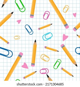 Seamless Pattern With Pencils And Paperclips. Trendy Pencil Pattern Flat Style Vector Illustration. Back To School Creative Background For Backdrop, Card, Print, Banner Etc. Cartoon Yellow Pencil.