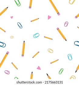 Seamless Pattern With Pencils And Paperclips. Trendy Pencil Pattern Flat Style Vector Illustration. Back To School Creative Background For Backdrop, Card, Print, Banner Etc. Cartoon Yellow Pencil.