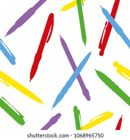 Seamless pattern with pencils and pens on white background.
