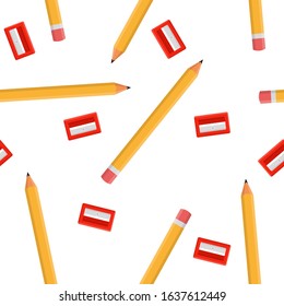 Seamless pattern with pencils and red sharpeners isolated on white background. Cartoon style. Vector illustration for design, web, wrapping paper, fabric, wallpaper.