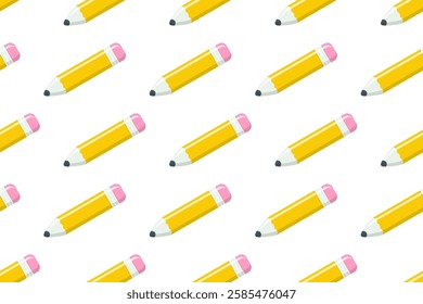 Seamless pattern with pencils. School stationery for drawing. Cute 3d pencils with eraser for kids in preschool, students, office. Seamless pattern with office supplies, vector illustration