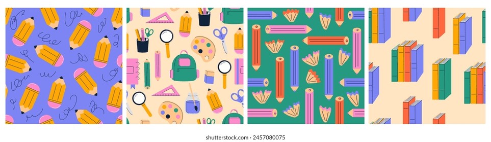 Seamless pattern with pencils and school supplies vector flat illustration. Back to school. Stationery cartoon style.