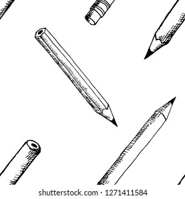 Seamless pattern of pencils. Vector cartoon background. Hand-drawn style.