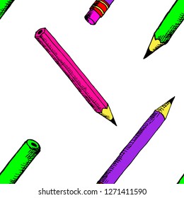 Seamless pattern of pencils. Vector cartoon background. Hand-drawn style.