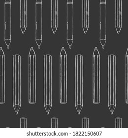 Seamless pattern with pencils. White outline on a dark background. Monochrome vector illustration in sketch style. Hand-drawn.