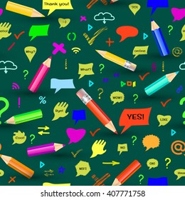 Seamless pattern with pencis, sings and speech bubbles.