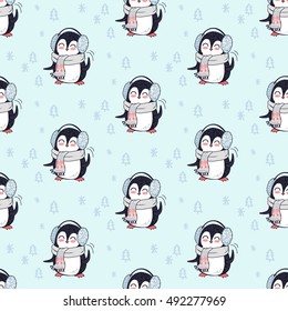 Seamless pattern with penguin animal in scarf and headphones. Endless texture with funny polar winter bird. Wallpaper design with cartoon character. Wild penguin in flat style design. Vector