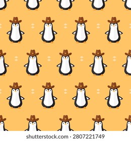 seamless pattern penguin bird animal with cowboy hat on yellow background vector wallpaper textile giftwrap fabric