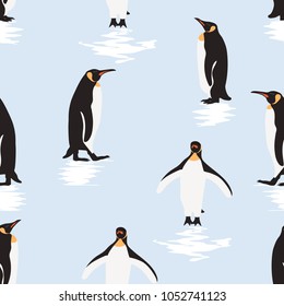 Seamless pattern penguin cartoon  standing on ice .printing wallpaper.vector illustration