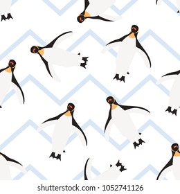 Seamless pattern penguin cartoon standing on zig zag Sky blue and white background.printing wallpaper.vector illustration