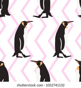 Seamless pattern penguin cartoon standing on zig zag pink and white background.printing wallpaper.vector illustration