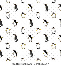Patrón inconsútil del diseño del carácter del pingüino en el fondo blanco con los puntos grises