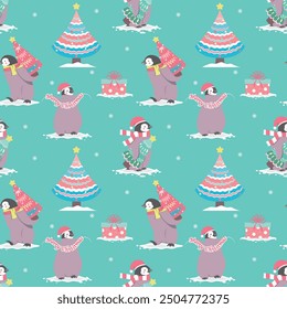 Seamless pattern with penguin, Christmas trees and gift in cartoon style. Green background. Perfect for kids design, decor textiles, fabric print, Christmas cards, wallpaper and wrapping paper design.
