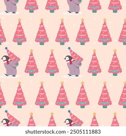 Seamless pattern with penguin and Christmas trees in nursery style. They are perfect for kids design, decor textiles, fabric prints, cover design, Christmas cards, wallpaper and wrapping paper design.