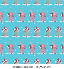 Patrón sin fisuras con el pingüino, árboles de Navidad en estilo de dibujos animados. Fondo azul. Perfecto para el diseño de los niños, textiles de la decoración, impresión de la tela, tarjetas de Navidad, Fondo de pantalla y diseño de papel de embalaje.